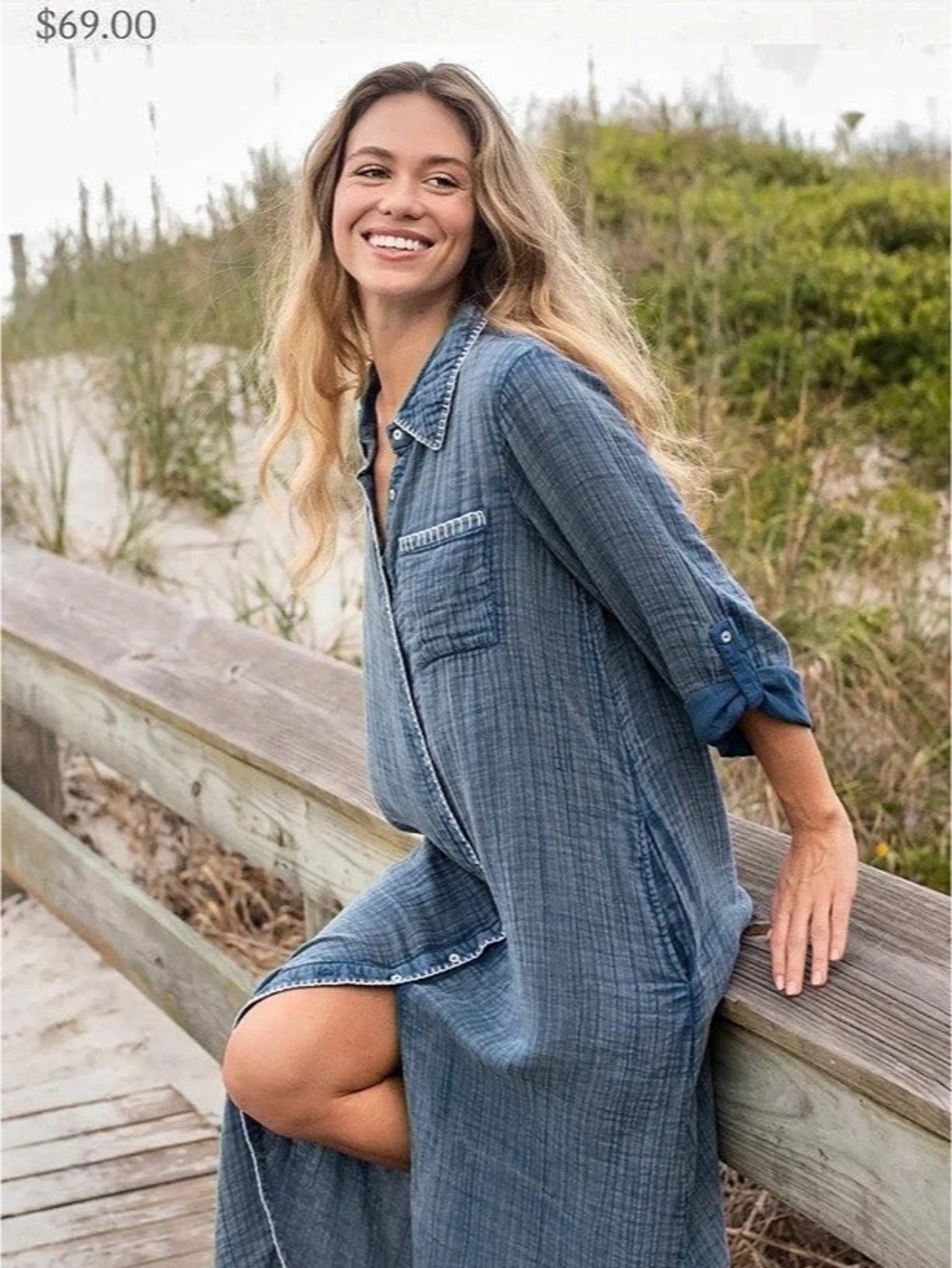 Natural Life Lola Cotton Gauze Maxi Shirt Dress Blue Checkered Large